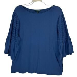 LAUREN RALPH LAUREN | Blue Pleated Bell Sleeve Basic Cotton Top  | Women's 2X